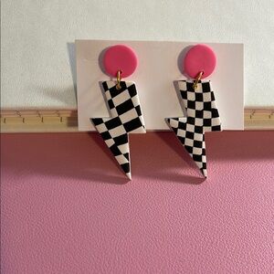 Pink and Checkered Lightning Bolt Earrings